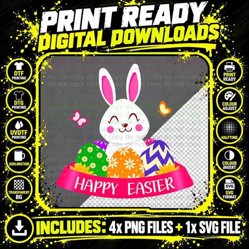Cute Bunny Spring Hunt Eggs Rabbit Happy Easter Day Png SVG Digital Bundle