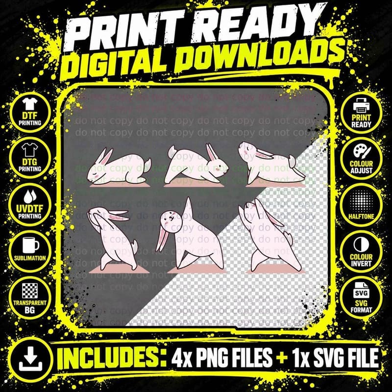 Cute Bunny Yoga Rabbit Poses and Meditation Funny Png SVG Digital Bundle
