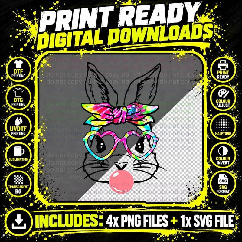 Cute Bunny with Bandana Heart Glasses Bubblegum Easter Png SVG Digital Bundle