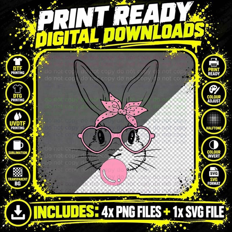 Cute Bunny with Heart Glasses Bubblegum Easter Day Png SVG Digital Bundle
