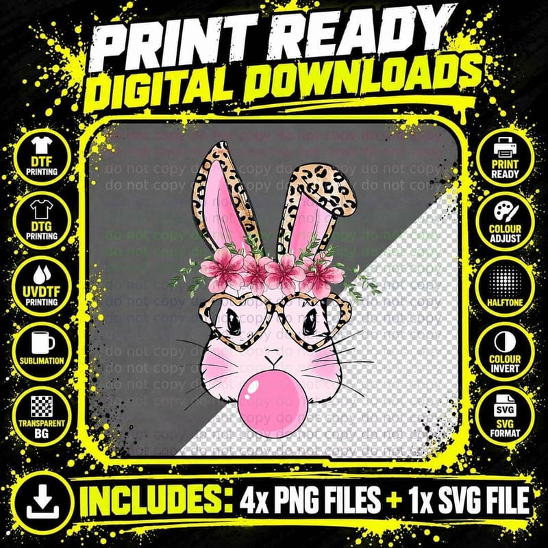 Cute Bunny with Leopard Glasses Bubblegum Happy Easter Png SVG Digital Bundle