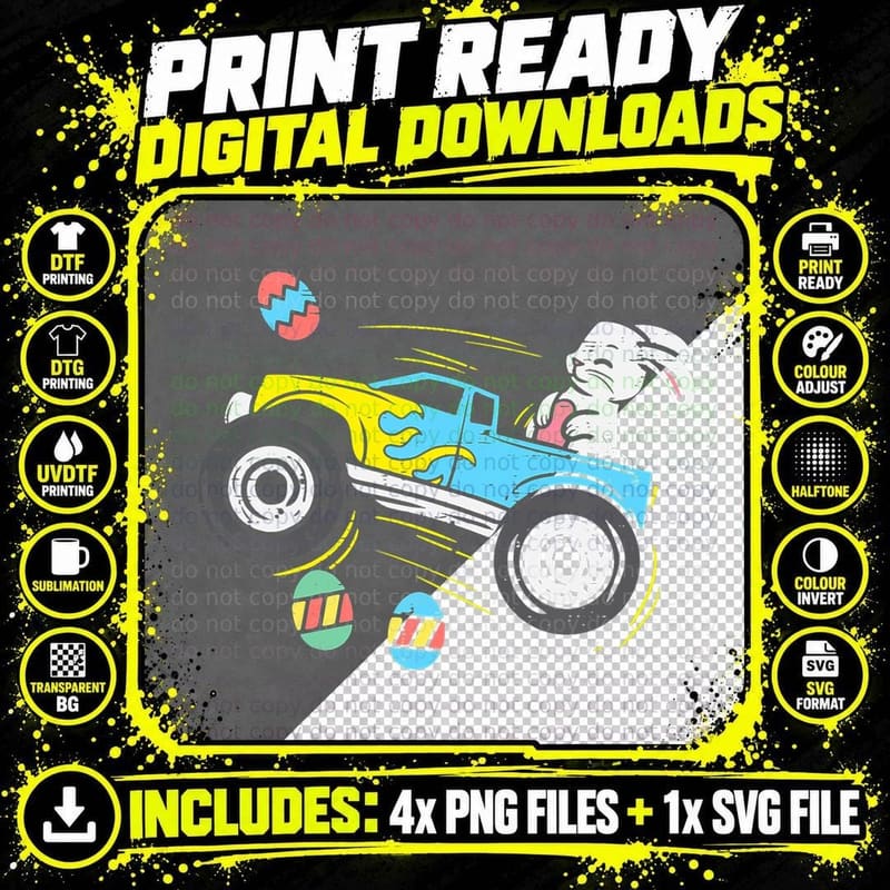 Cute Easter Bunny Riding Monster Truck Boys Kids Toddler Png SVG Digital Bundle
