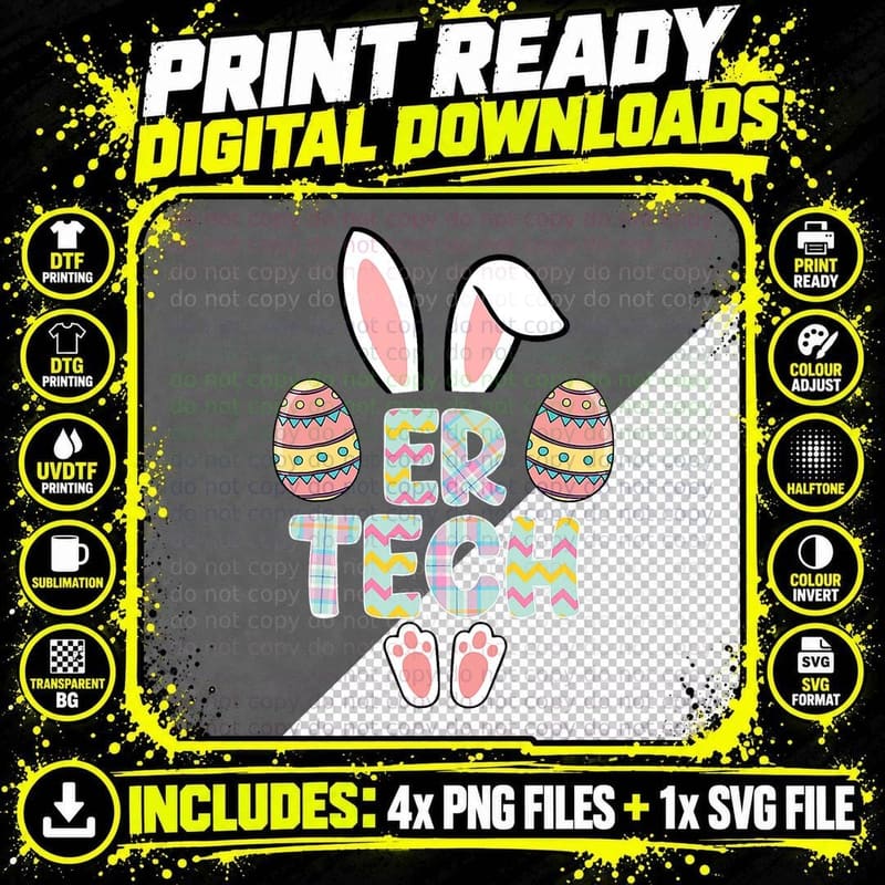 Cute Easter ER Tech Bunny Ears Happy Easter Eggs Outfit Png SVG Digital Bundle