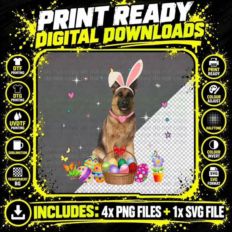 Cute German Shepherd Easter Day Bunny Eggs Easter T-Shirt Png SVG Digital Bundle