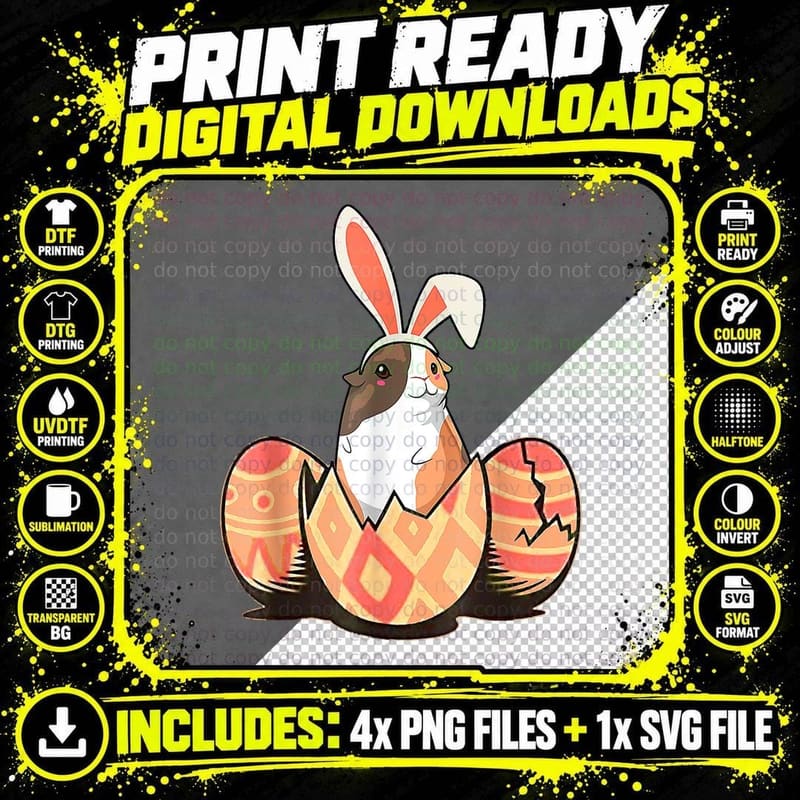Cute Guinea Pig Bunny Eggs Happy Easter Day Boys Girls Png SVG Digital Bundle