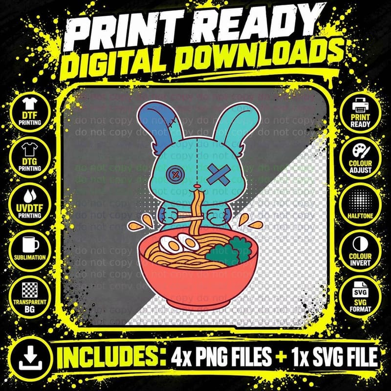 Cute Kawaii Pastel Goth Bunny Eating Ramen Noodles Bowl Png SVG Digital Bundle