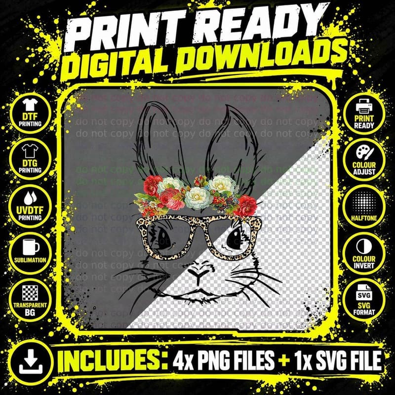 Cute Mom Teen Girls Easter Bunny with Glasses Leopard Png SVG Digital Bundle