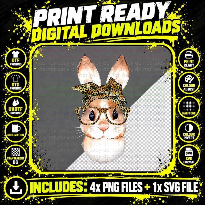 Cute Nerd Easter Bunny Mom Leopard Bandana Rabbit Easter Png SVG Digital Bundle