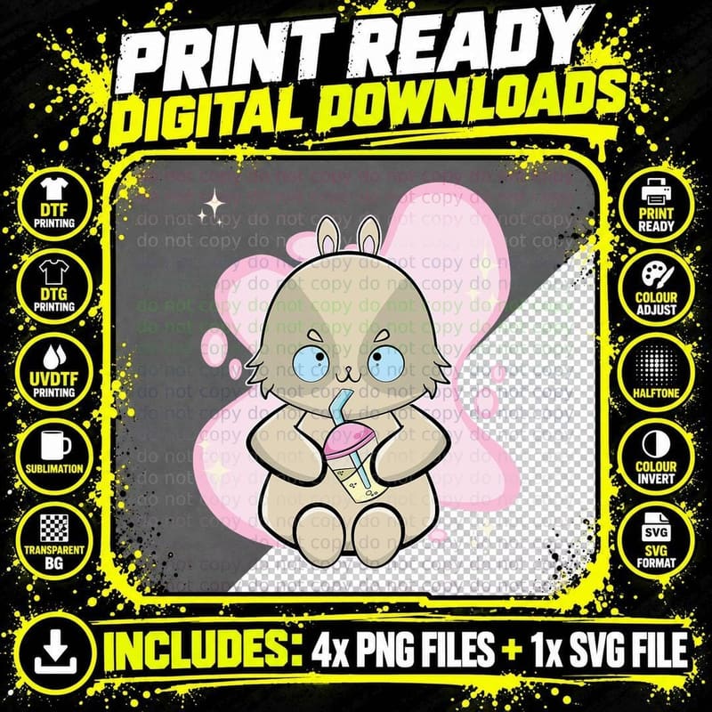Cute Rabbit with Bubble Tea, Bunny, Tea Lover Gift Png SVG Digital Bundle