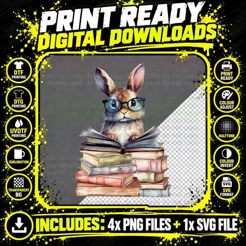Cute Reading Bunny with Glasses Books Bookworm Reader Png SVG Digital Bundle