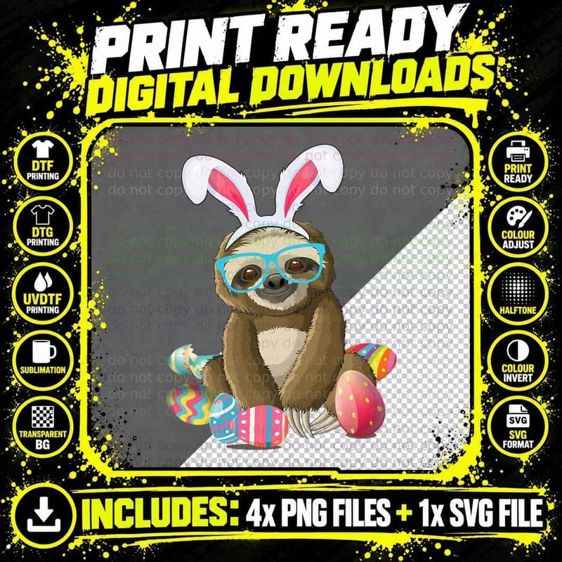 Cute Sloth with Bunny Ears Egg Hunting Easter Sloth Png SVG Digital Bundle