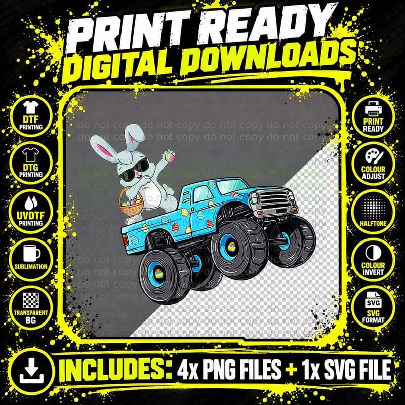 Dabbing Bunny Happy Easter Monster Truck Lovers Boys Png SVG Digital Bundle