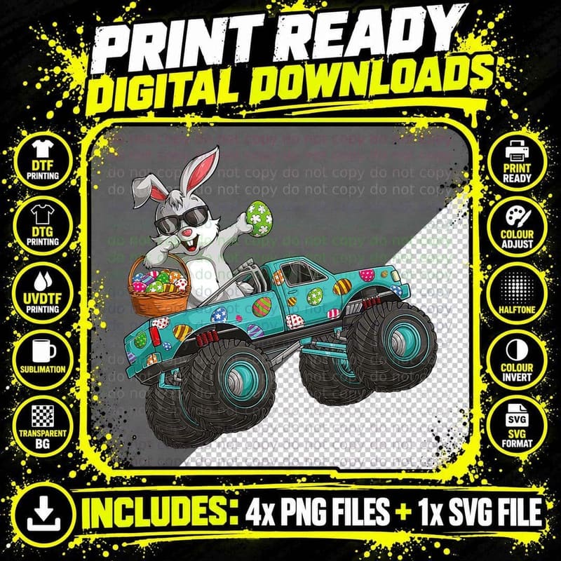 Dabbing Bunny Happy Easter Monster Truck Lovers Kids Png SVG Digital Bundle