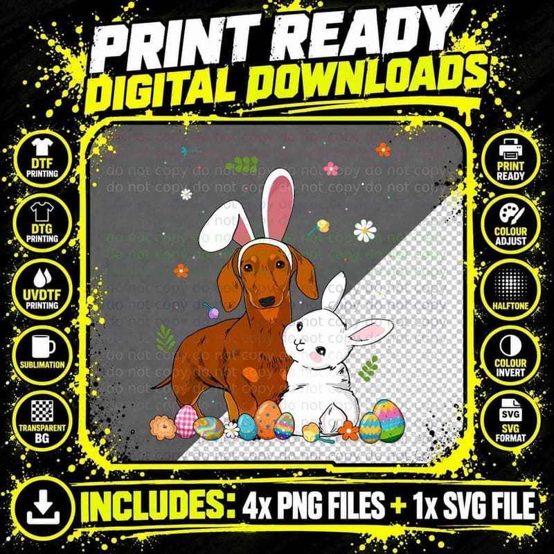 Dachshund Bunny Ears Happy Easter Weiner Dog Lovers Kids Png SVG Digital Bundle