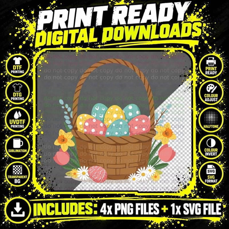 Easter Basket Filled with Eggs and Flowers Easter Png SVG Digital Bundle