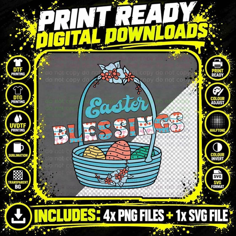 Easter Blessings Easter T-Shirt, Easter Basket with Eggs Png SVG Digital Bundle