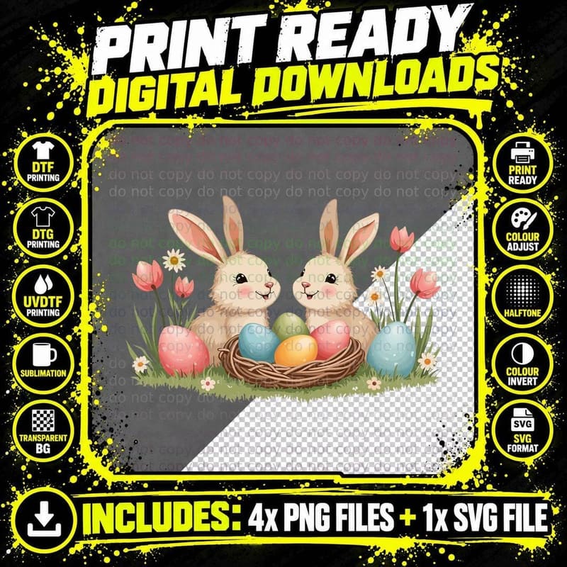 Easter Bunnies with Eggs in a Nest Easter T-Shirt Png SVG Digital Bundle
