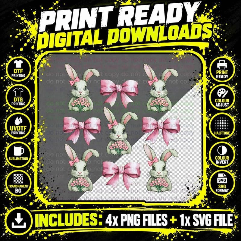 Easter Bunnies with Pink Bows and Flowers Easter T-Shirt Png SVG Digital Bundle