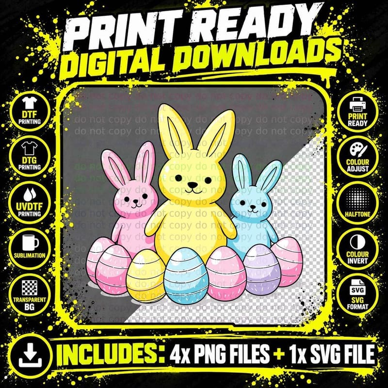Easter Bunnies with Striped Eggs Easter T-Shirt Png SVG Digital Bundle