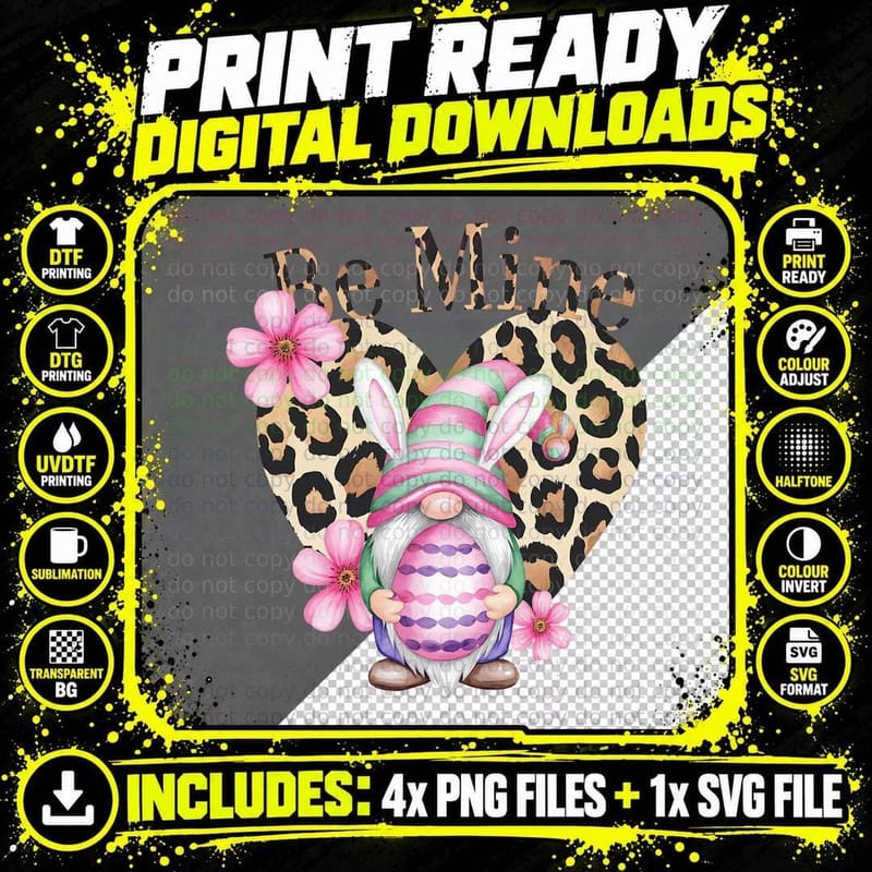 Easter Bunny Be Mine Leopard Print with Egg Flowers Png SVG Digital Bundle