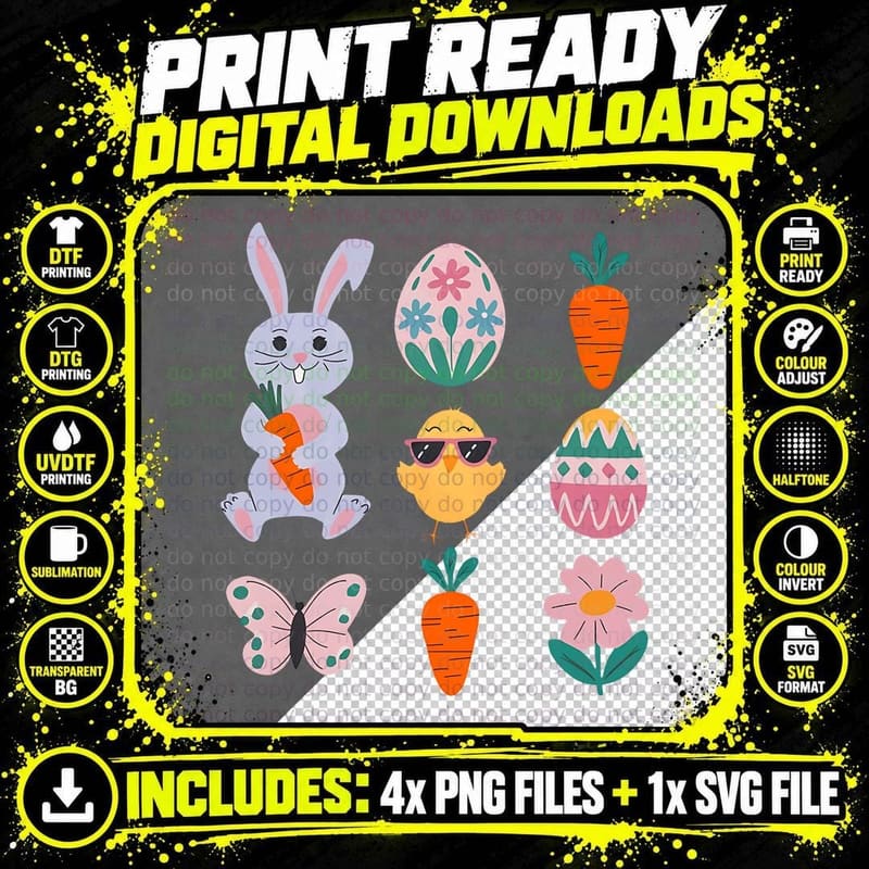 Easter Bunny Carrots Eggs Chick Butterfly Flower Easter Png SVG Digital Bundle