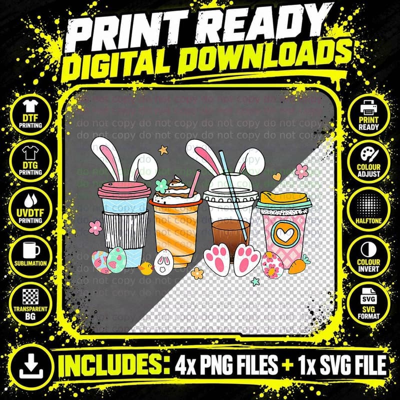 Easter Bunny Coffee Latte T-Shirt, Easter Coffee Print Png SVG Digital Bundle