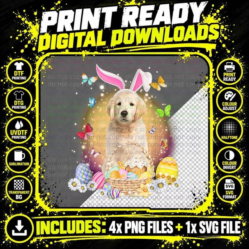 Easter Bunny Dog with Eggs T-Shirt, Easter Themed Png SVG Digital Bundle