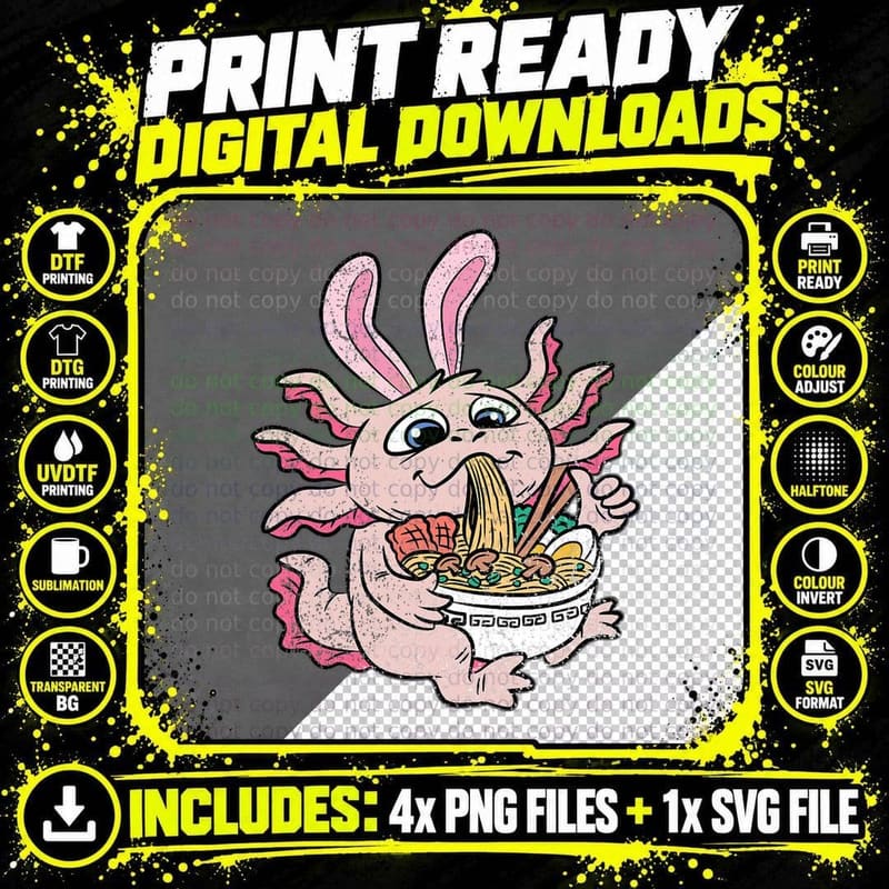 Easter Bunny Ears Axolotl Eating Ramen Mexican Png SVG Digital Bundle