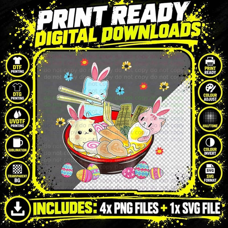 Easter Bunny Eating Ramen T-Shirt, Kawaii Anime Style Png SVG Digital Bundle