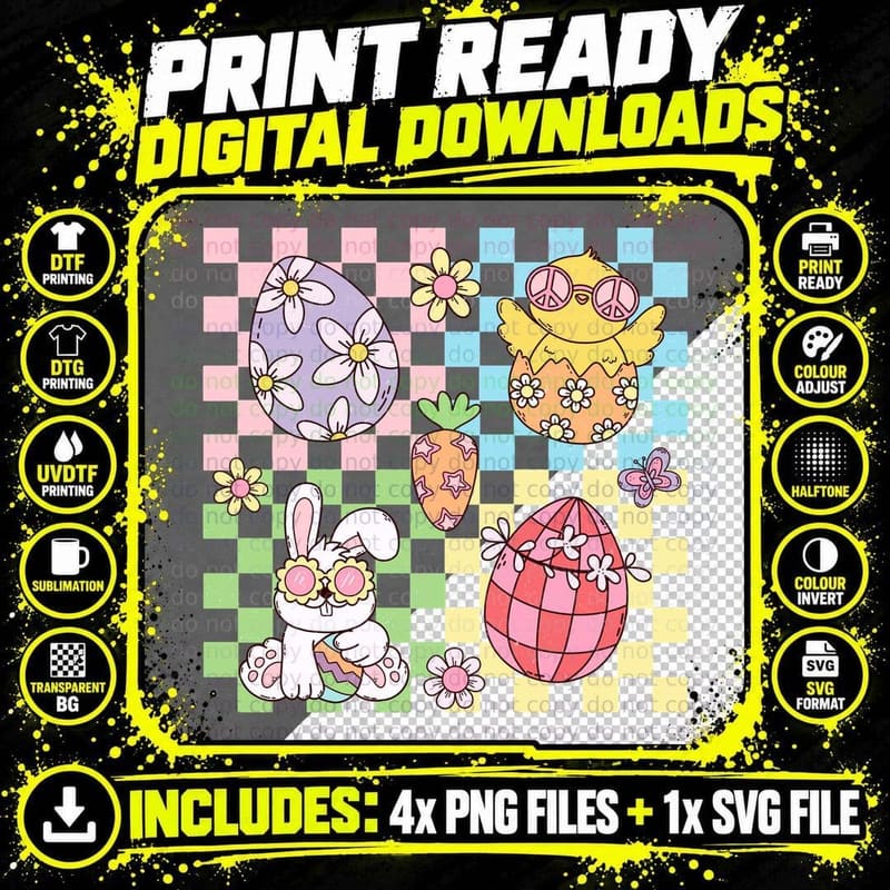 Easter Bunny Eggs Flowers Peace Signs Easter T-Shirt Png SVG Digital Bundle