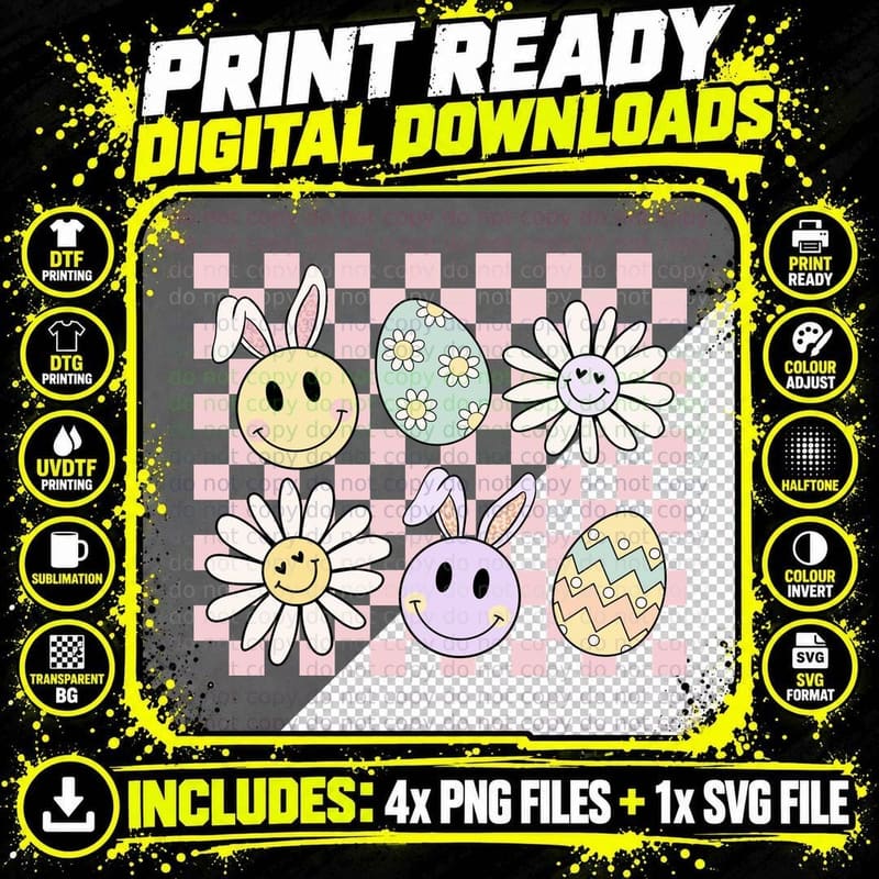 Easter Bunny Flowers Eggs Smiley Faces Easter T-Shirt Png SVG Digital Bundle
