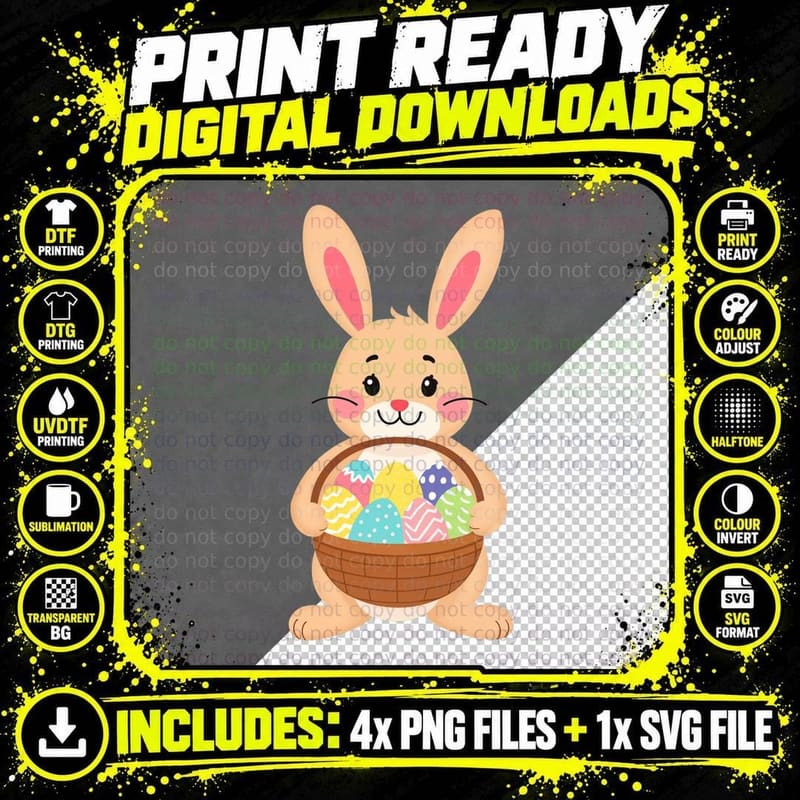 Easter Bunny Holding Basket of Eggs Easter T-Shirt Png SVG Digital Bundle