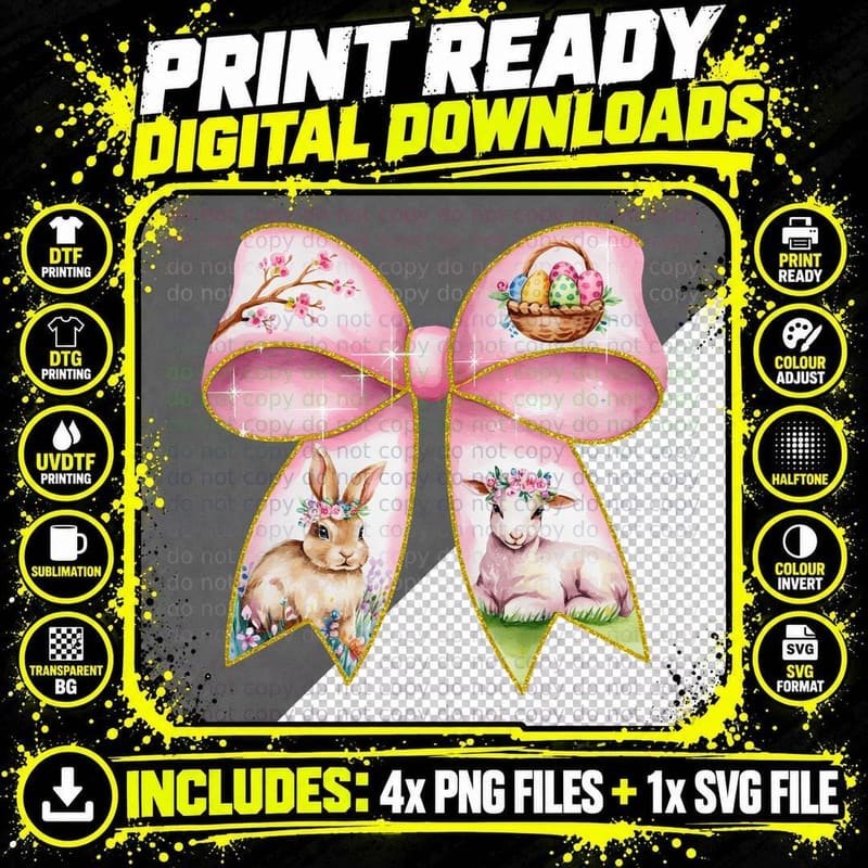 Easter Bunny Lamb Pink Bow Easter T-Shirt Png SVG Digital Bundle