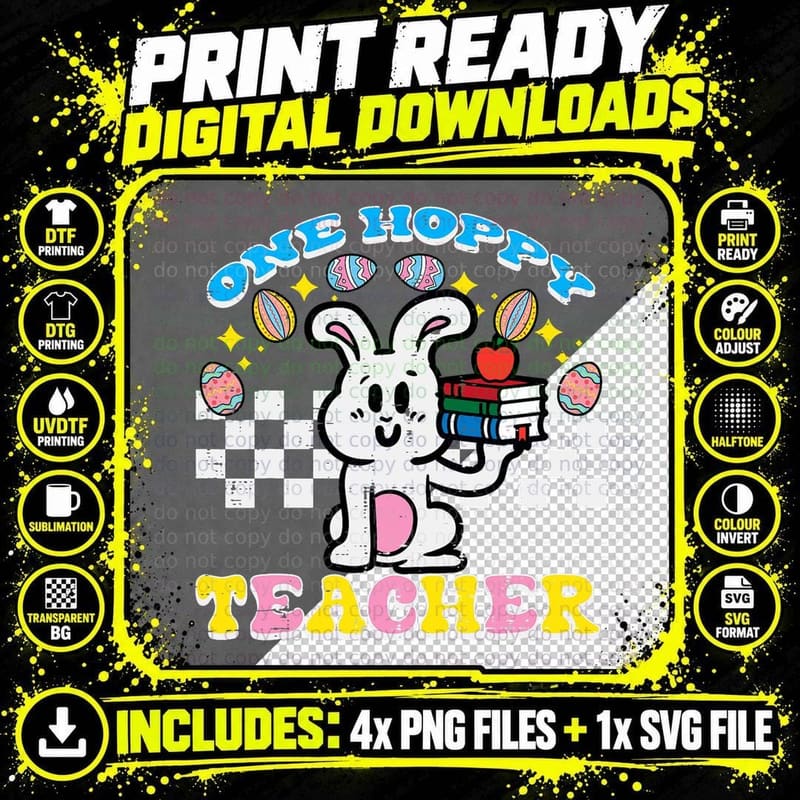 Easter Bunny One Hoppy Teacher Retro Rabbit Groovy Women Png SVG Digital Bundle
