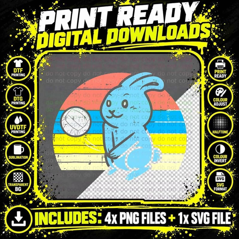 Easter Bunny Playing Volleyball Retro Sports Men Women Png SVG Digital Bundle