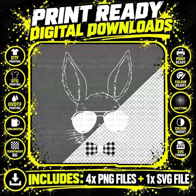 Easter Bunny Rabbit with Glasses Easter Day Men Boys Png SVG Digital Bundle