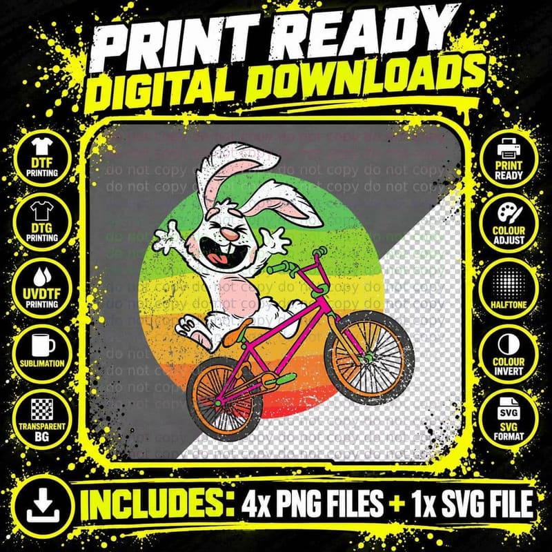 Easter Bunny Riding Bike Cute Rabbit Biking Biker T-Shirt Png SVG Digital Bundle