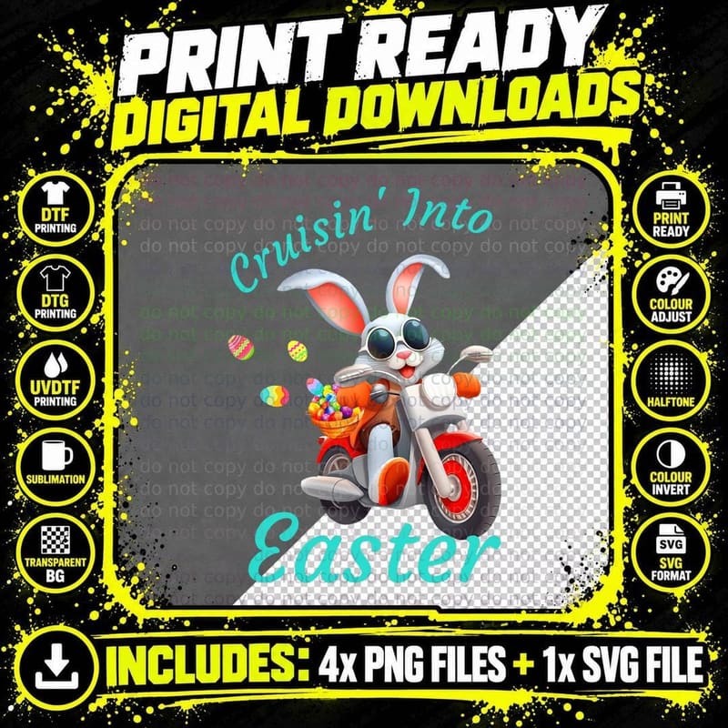 Easter Bunny Riding Motorcycle Funny T-Shirt Png SVG Digital Bundle