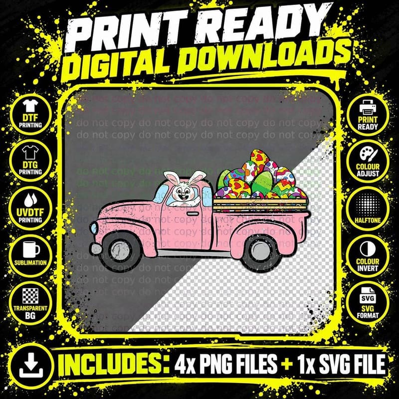 Easter Bunny Riding Truck Egg Hunting Cute Rabbit Spring Png SVG Digital Bundle