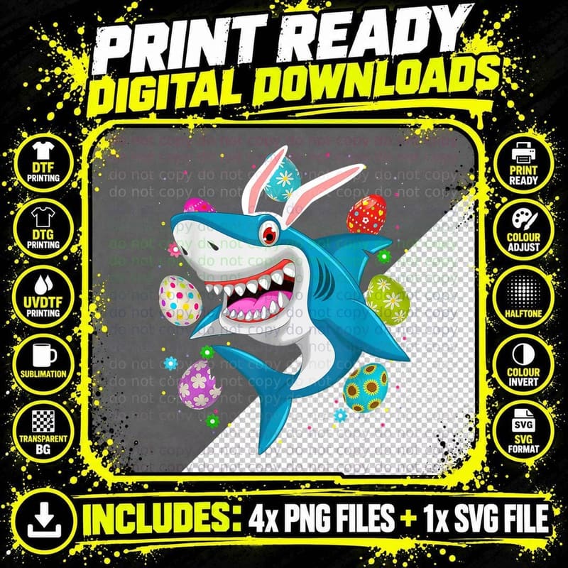 Easter Bunny Shark Face T-Shirt, Easter Eggs Png SVG Digital Bundle