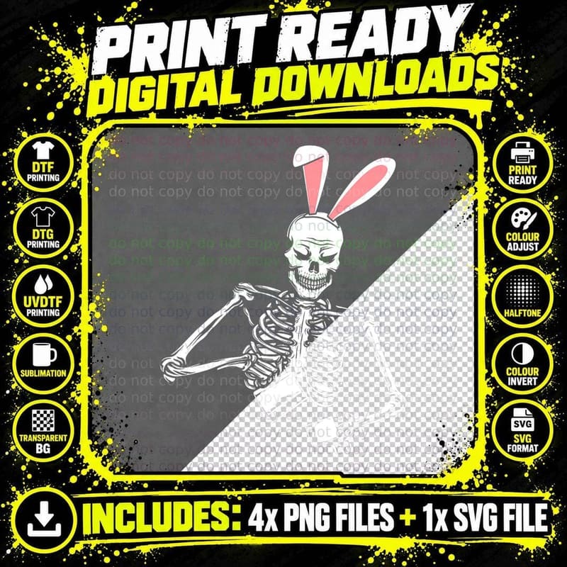 Easter Bunny Skull Drinking Coffee T-Shirt Png SVG Digital Bundle