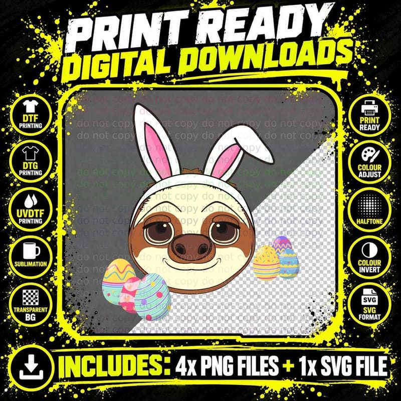 Easter Bunny Sloth T-Shirt, Easter Themed Png SVG Digital Bundle