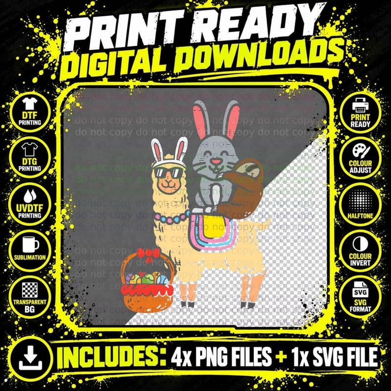 Easter Bunny Sloth on Llama Eggs T-Shirt, Easter Print Png SVG Digital Bundle