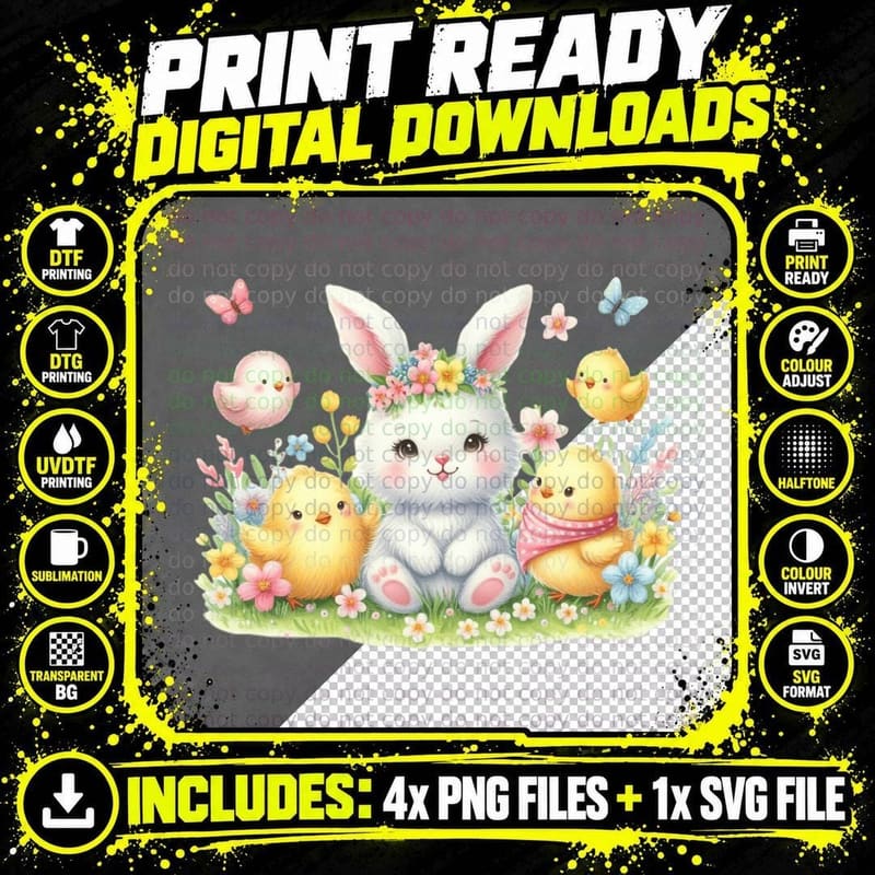 Easter Bunny Surrounded by Chicks and Flowers Spring Png SVG Digital Bundle