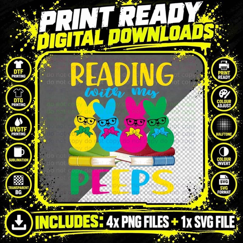 Easter Bunny T-Shirt, Peeps Reading, Spring Fun Png SVG Digital Bundle