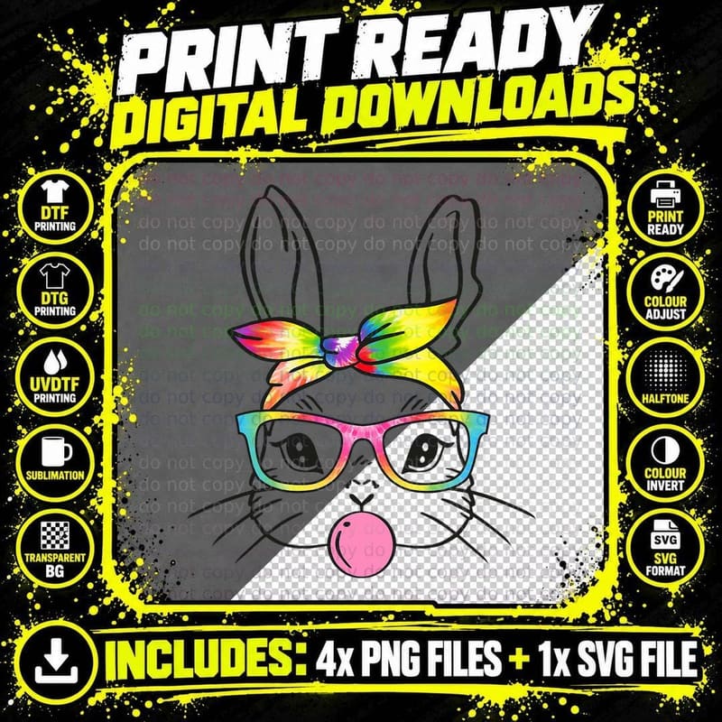 Easter Bunny Tie Dye Bandana Glasses Mama Kids Easter Png SVG Digital Bundle