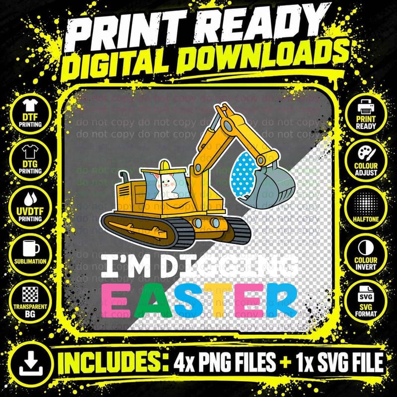 Easter Bunny in Excavator T-Shirt, Easter Theme Png SVG Digital Bundle