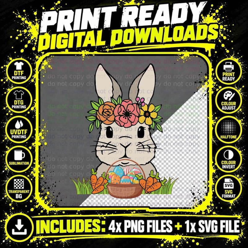 Easter Bunny with Floral Crown Holding Eggs Easter Png SVG Digital Bundle