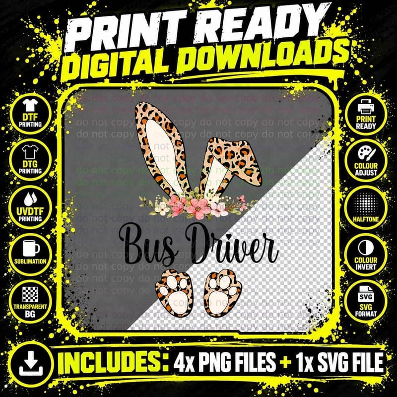 Easter Bus Driver Leopard Bunny Ears School Bus Driver Png SVG Digital Bundle
