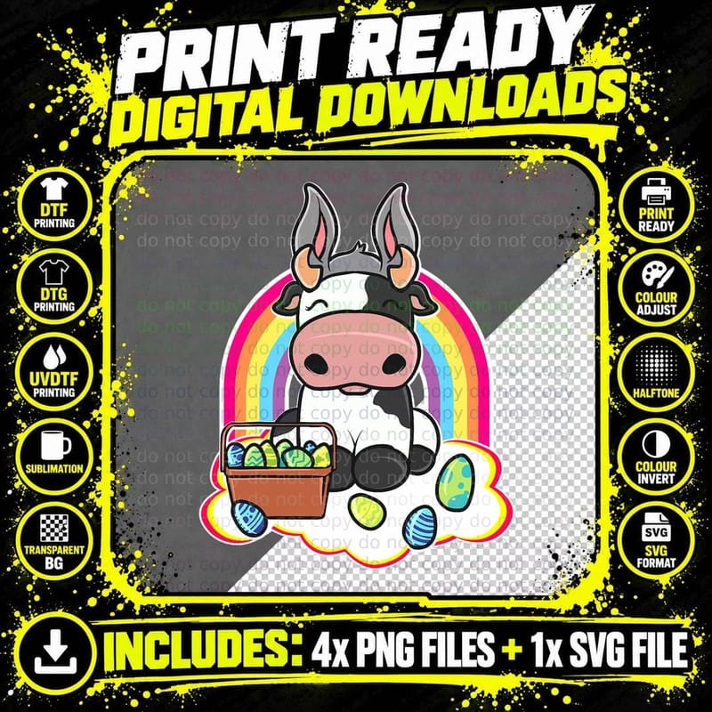 Easter Cow Egg Hunt Basket Farm Animal Farmer Cow Lover Png SVG Digital Bundle